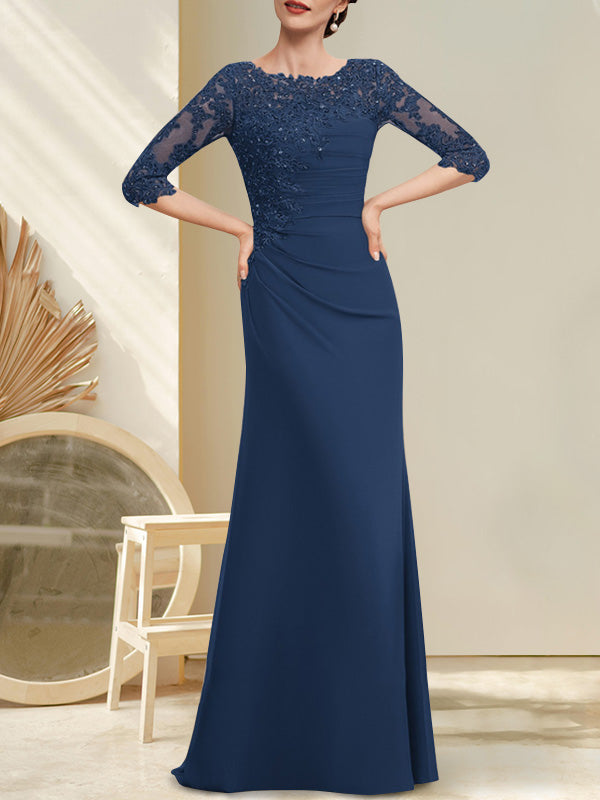 Robe de mère de la mariée en mousseline et dentelle, longueur au sol, en ligne A, décolleté en U, ornée de perles et de paillettes plissées