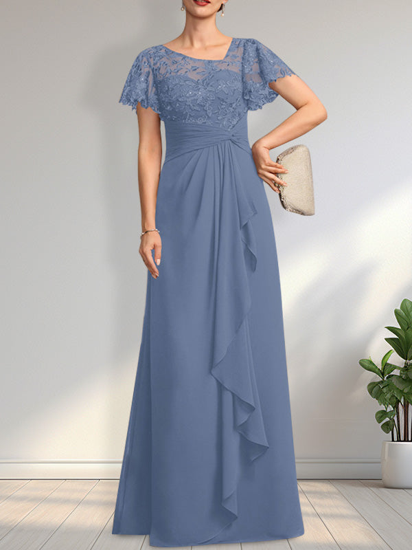Robe de mère de la mariée en dentelle et mousseline, longueur au sol, illusion asymétrique en ligne A, avec volants en cascade et paillettes