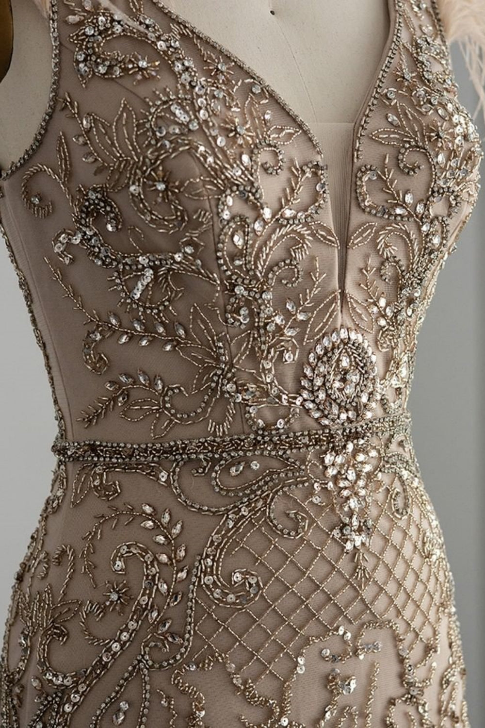 Bmbridal Taupe A Line V Neck Tulle Cap Sleeves Prom Dress With Appliques