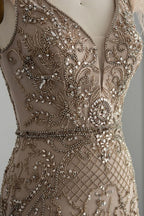 Bmbridal Taupe A Line V Neck Tulle Cap Sleeves Prom Dress With Appliques