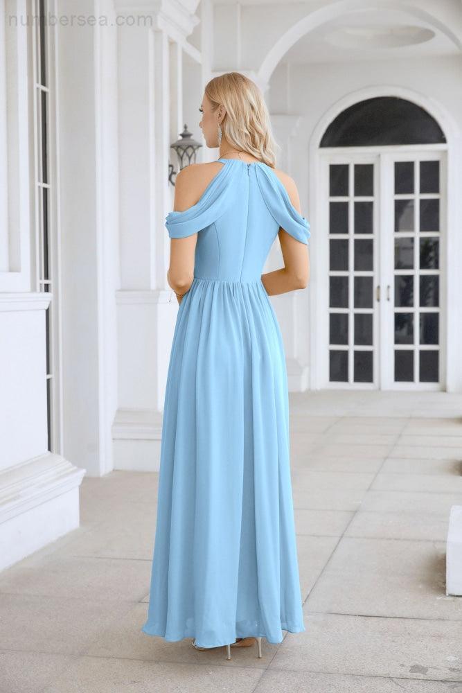 فستان سهرة نسائي من الشيفون بأكتاف مكشوفة وأكمام متأرجحة وشق أمامي، فستان وصيفة عروس لحفلات الزفاف 28117