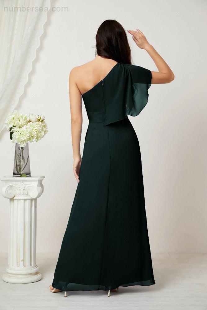 Abito da Sera Formale A-line con Spalla Singola e Balze in Chiffon, Spacco Laterale, per Damigelle, Modello 2809