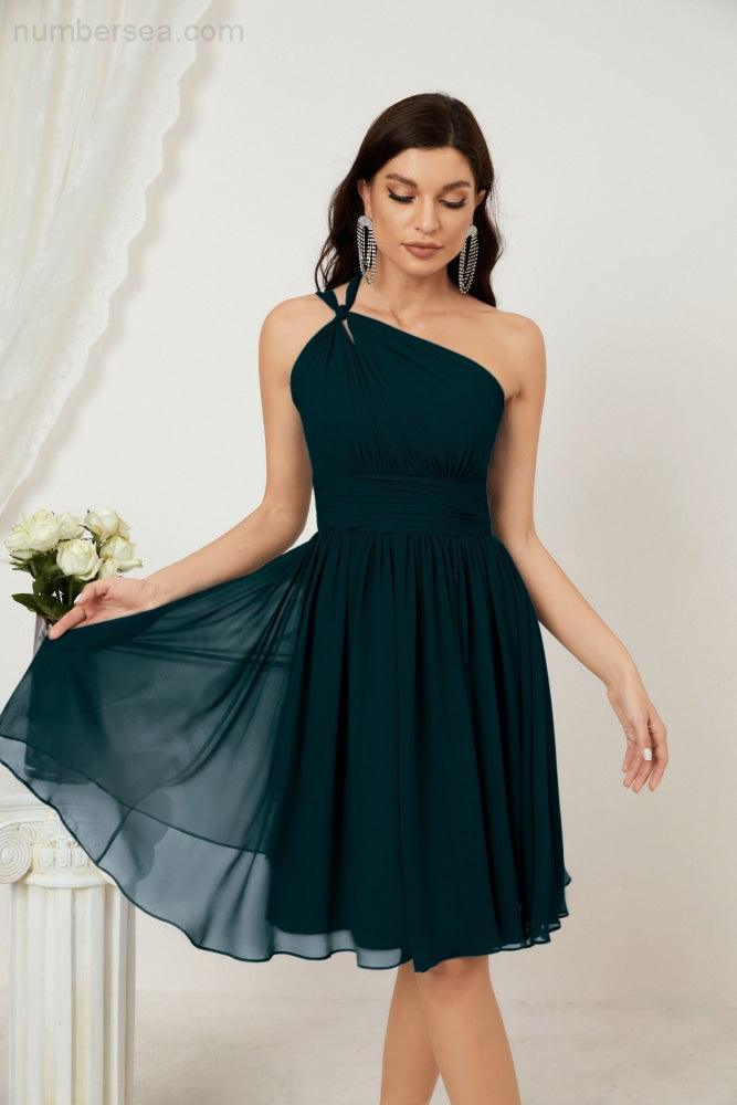 Numbersea Damen Chiffon Kurzes Ein-Schulter Brautjungfernkleid Festliche Kleider für Feier Heimkehr 2804