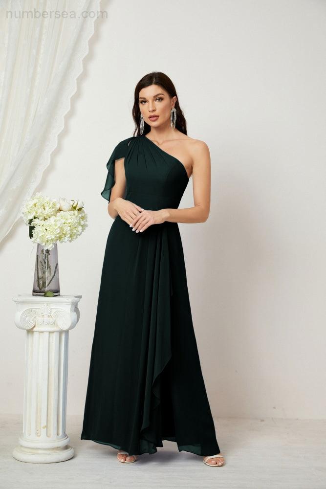 Abito da Sera Formale A-line con Spalla Singola e Balze in Chiffon, Spacco Laterale, per Damigelle, Modello 2809