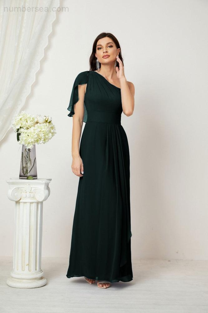 Abito da Sera Formale A-line con Spalla Singola e Balze in Chiffon, Spacco Laterale, per Damigelle, Modello 2809