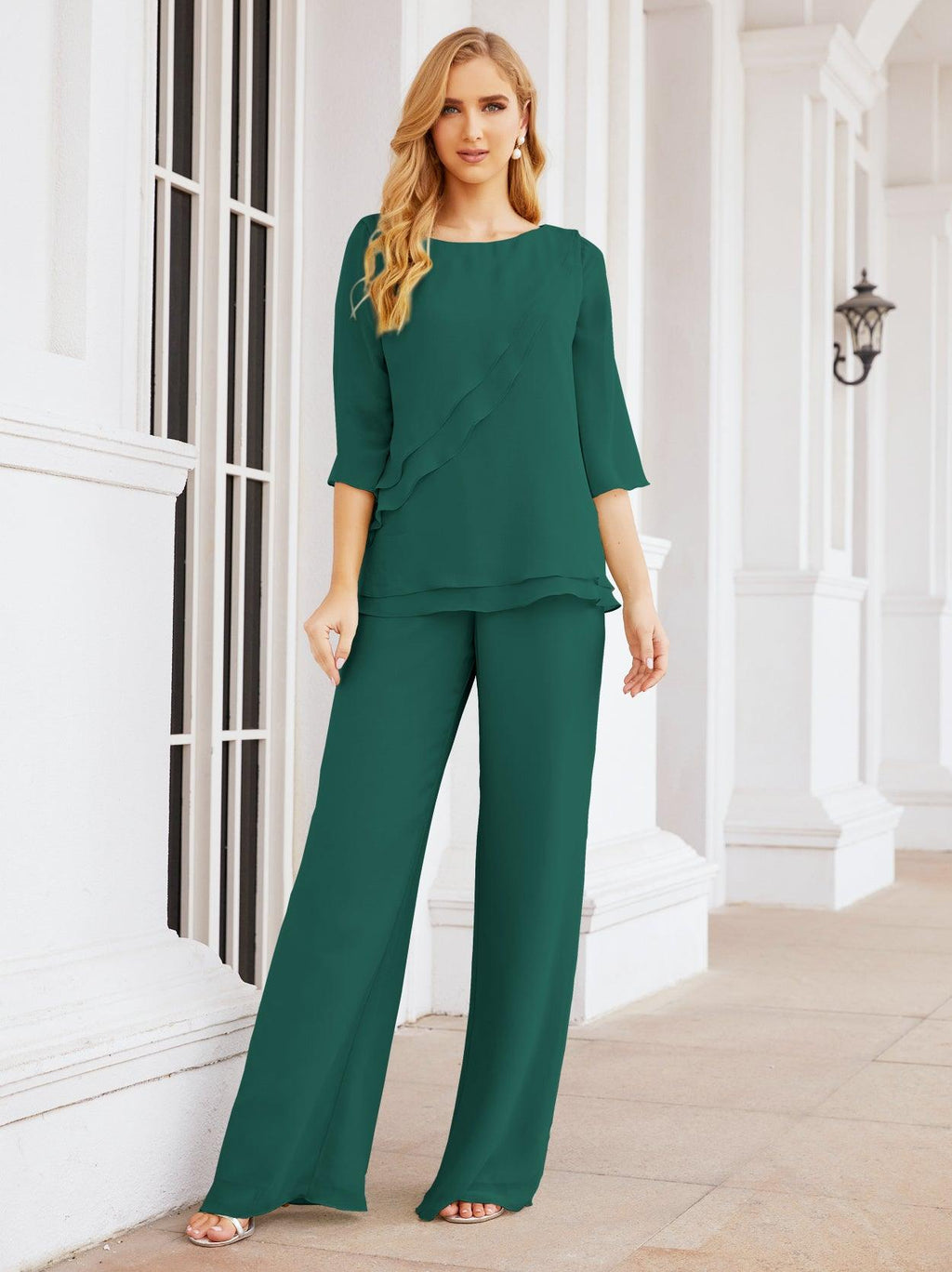 Robe de mariée élégante pour la mère de la mariée en deux pièces, tailleur pantalon grande taille à volants superposés, peignoir argenté 28064