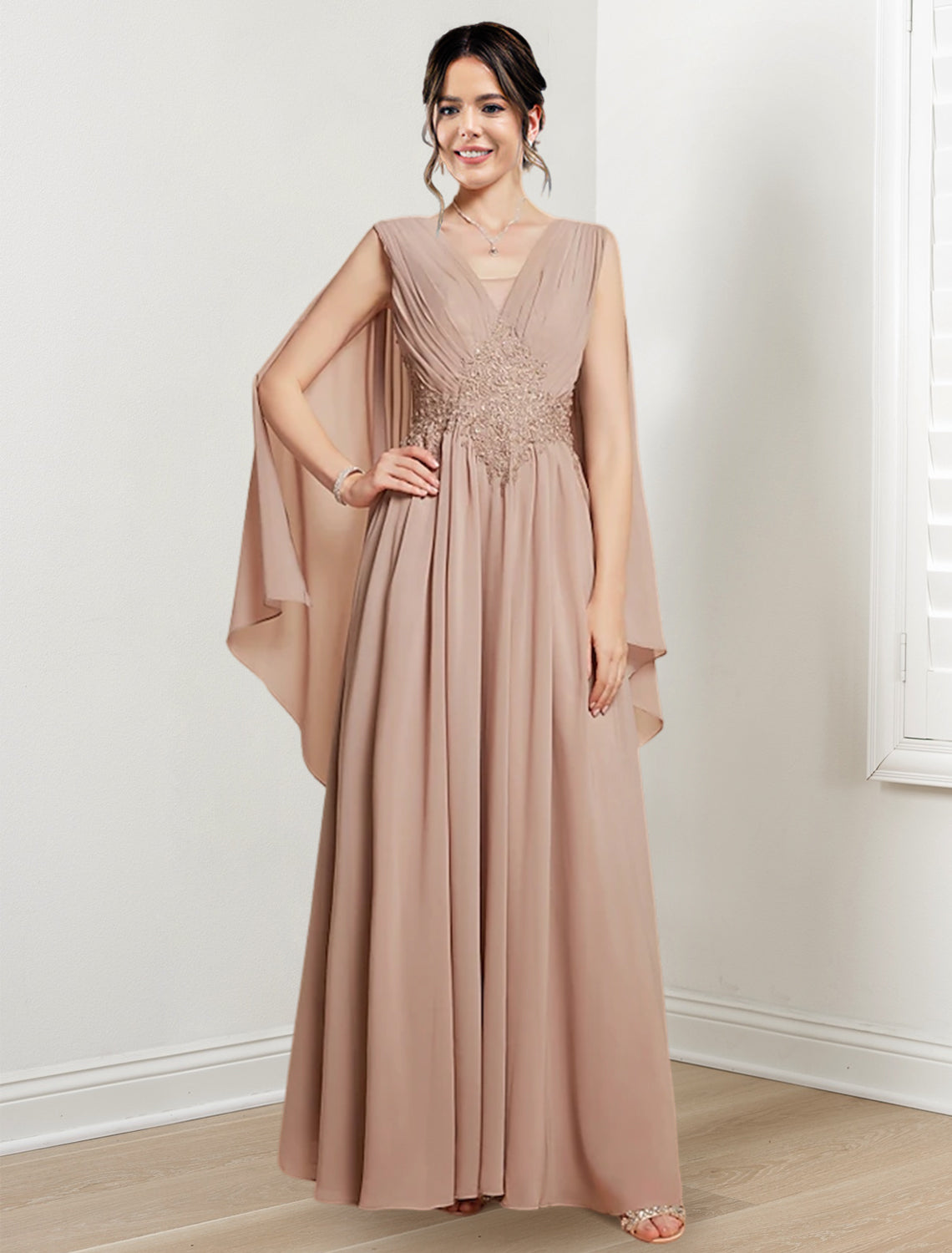 V Neck A Line Princess Floor Length Dresses For The Mother Of The Bride