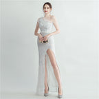 Heavy Industry Ostrich Hair Craft Bundle Hair Evening Dress with Oblique Shoulder Slit