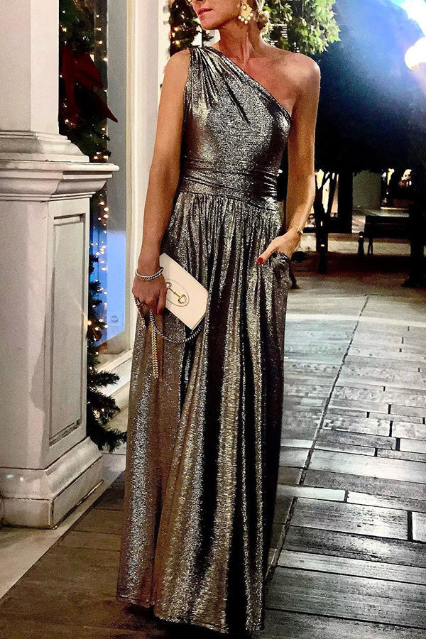 Bronzing Slanted Shoulder Pocket Swing Dress