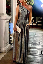 Bronzing Slanted Shoulder Pocket Swing Dress