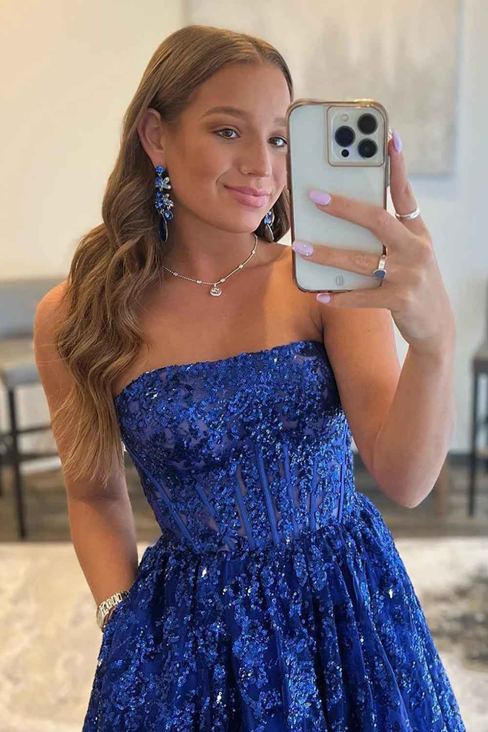 Royal Blue Sequin Prom Dress With Appliques For Evening Party