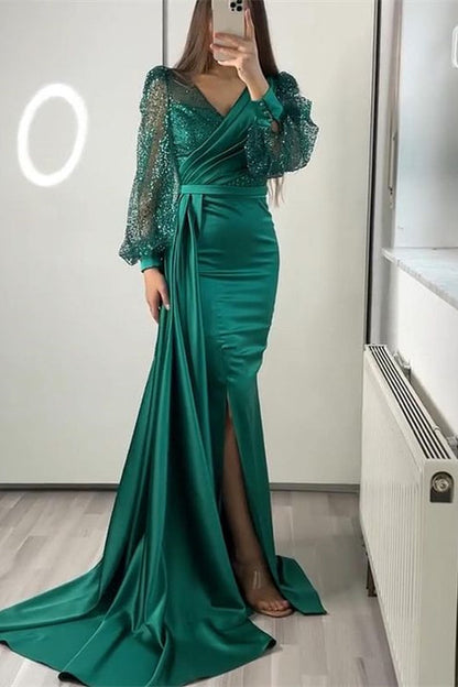Vestidos de fiesta de sirena de satén con escote en V y mangas largas con abertura