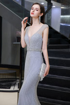 BMbridal Luxurious Beaded Mermaid Prom Dress Sleeveless V Neck Tulle Gown