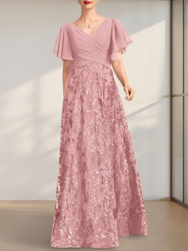 A-Linie V-Ausschnitt Bodenlang Spitze Pailletten Chiffon Mutter der Braut Kleid Mit Plissee
