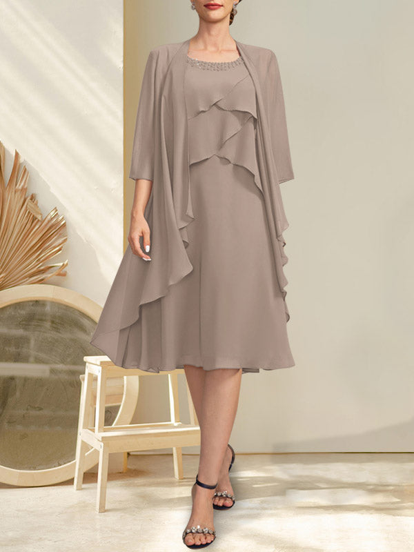 Robe de mère de la mariée en mousseline, longueur genou, en ligne A, décolleté arrondi avec perles