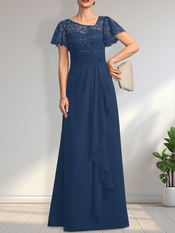 Robe de mère de la mariée en dentelle et mousseline, longueur au sol, illusion asymétrique en ligne A, avec volants en cascade et paillettes