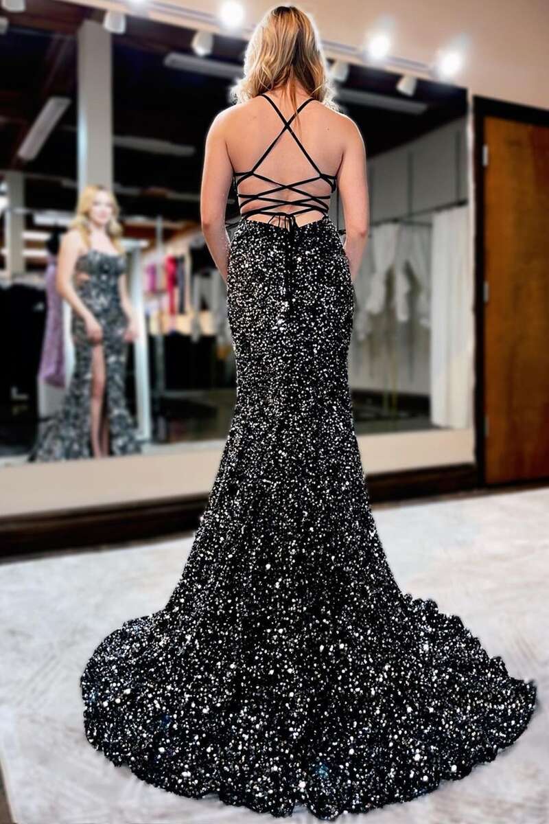 Vestido de fiesta largo estilo sirena con cordones en la espalda y lentejuelas, con abertura.