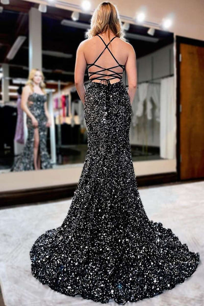 Vestido de fiesta largo estilo sirena con cordones en la espalda y lentejuelas, con abertura.