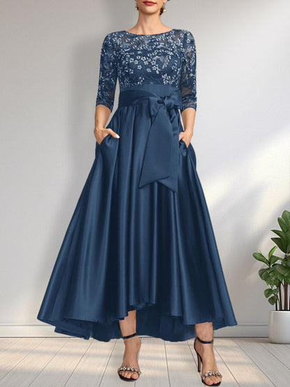 A-Linie U-Ausschnitt Illusion Asymmetrisch Satin Spitze Mutter der Braut Kleid mit Schleife
