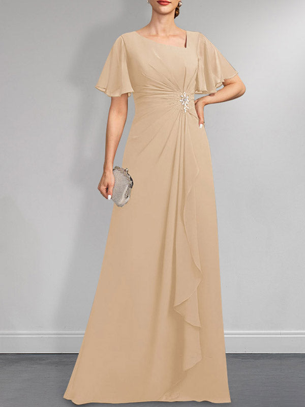 Robe de mère de la mariée en mousseline asymétrique longue jusqu'au sol, coupe en A, ornée de perles plissées et de paillettes