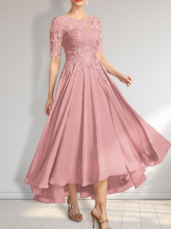 Robe de mère de la mariée en mousseline et dentelle asymétrique illusion à encolure dégagée, coupe en A, ornée de paillettes