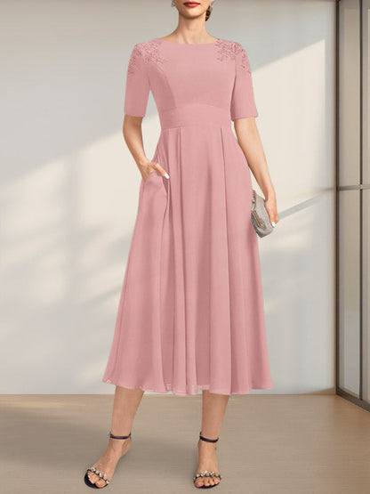 A-Linie U-Ausschnitt Wadenlang Chiffon Kleid für die Brautmutter mit Applikationen Spitze Pailletten