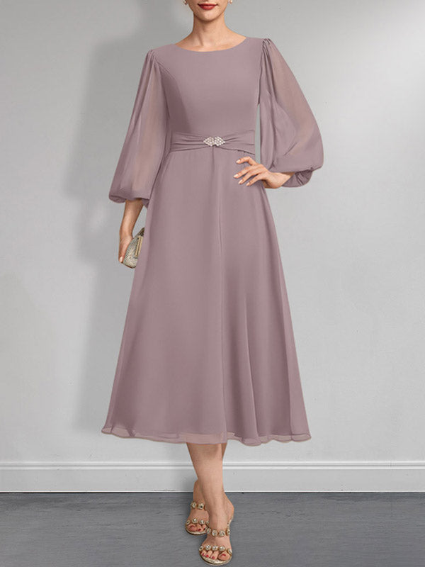 A-Linie U-Ausschnitt Wadenlang Chiffon Mutter der Braut Kleid Mit Kristall Brosche Plissee