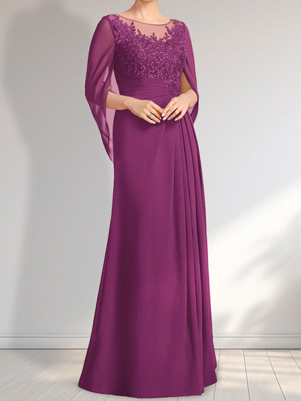 A-Linie, U-Ausschnitt, Illusion, bodenlanges Chiffon-Kleid für die Brautmutter mit plissierten Pailletten