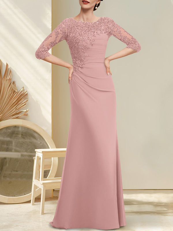 Robe de mère de la mariée en mousseline et dentelle, longueur au sol, en ligne A, décolleté en U, ornée de perles et de paillettes plissées