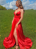 A-Linien-Kleid mit V-Ausschnitt, rotes Satinlanges Ballkleid, rotes langes formelles Abendkleid mit V-Ausschnitt Y232