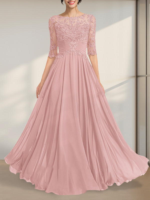 Robe de mère de la mariée en dentelle de mousseline longueur au sol, ligne A, décolleté illusion en forme de cuvette avec sequins plissés