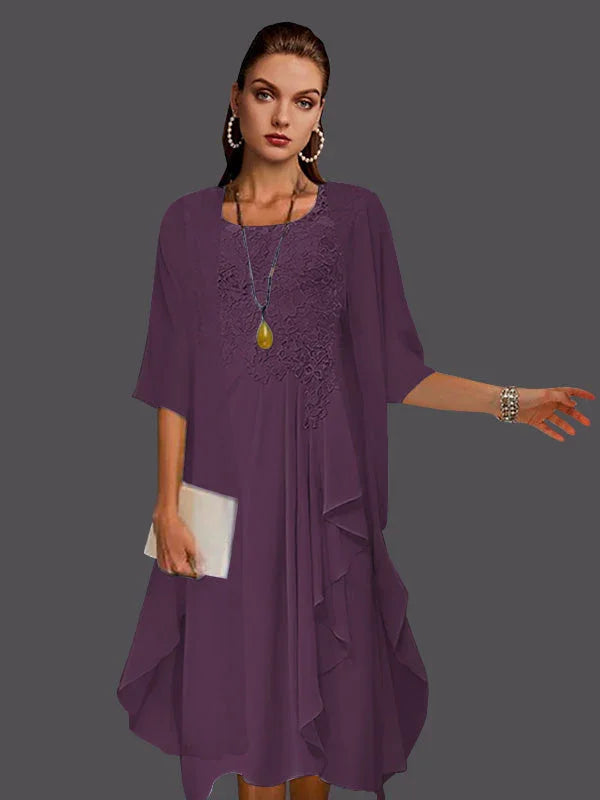 Vestidos de dos piezas con chaqueta sin mangas de encaje de gasa en línea A con pliegues y apliques