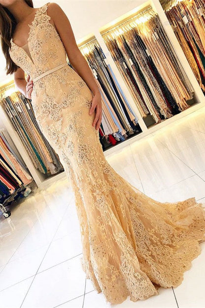 Vestido de noche de sirena sin mangas con escote en V y apliques de encaje