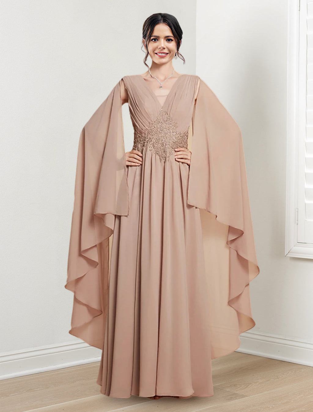 V Neck A Line Princess Floor Length Dresses For The Mother Of The Bride