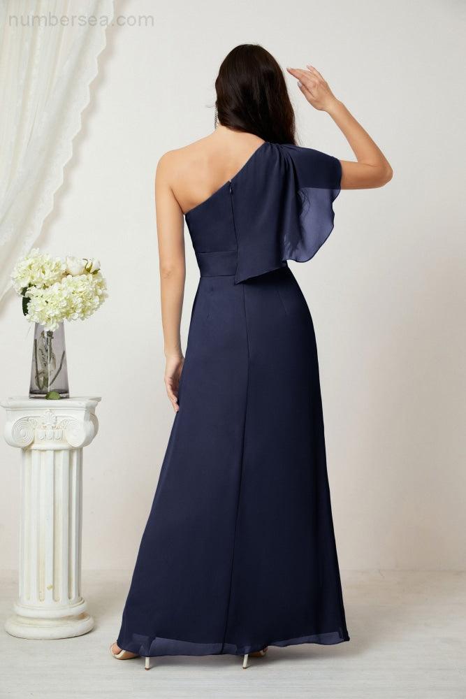 Abito da Sera Formale A-line con Spalla Singola e Balze in Chiffon, Spacco Laterale, per Damigelle, Modello 2809