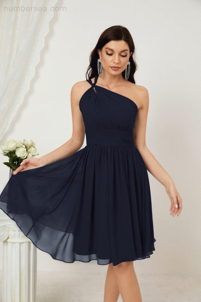 Numbersea Damen Chiffon Kurzes Ein-Schulter Brautjungfernkleid Festliche Kleider für Feier Heimkehr 2804