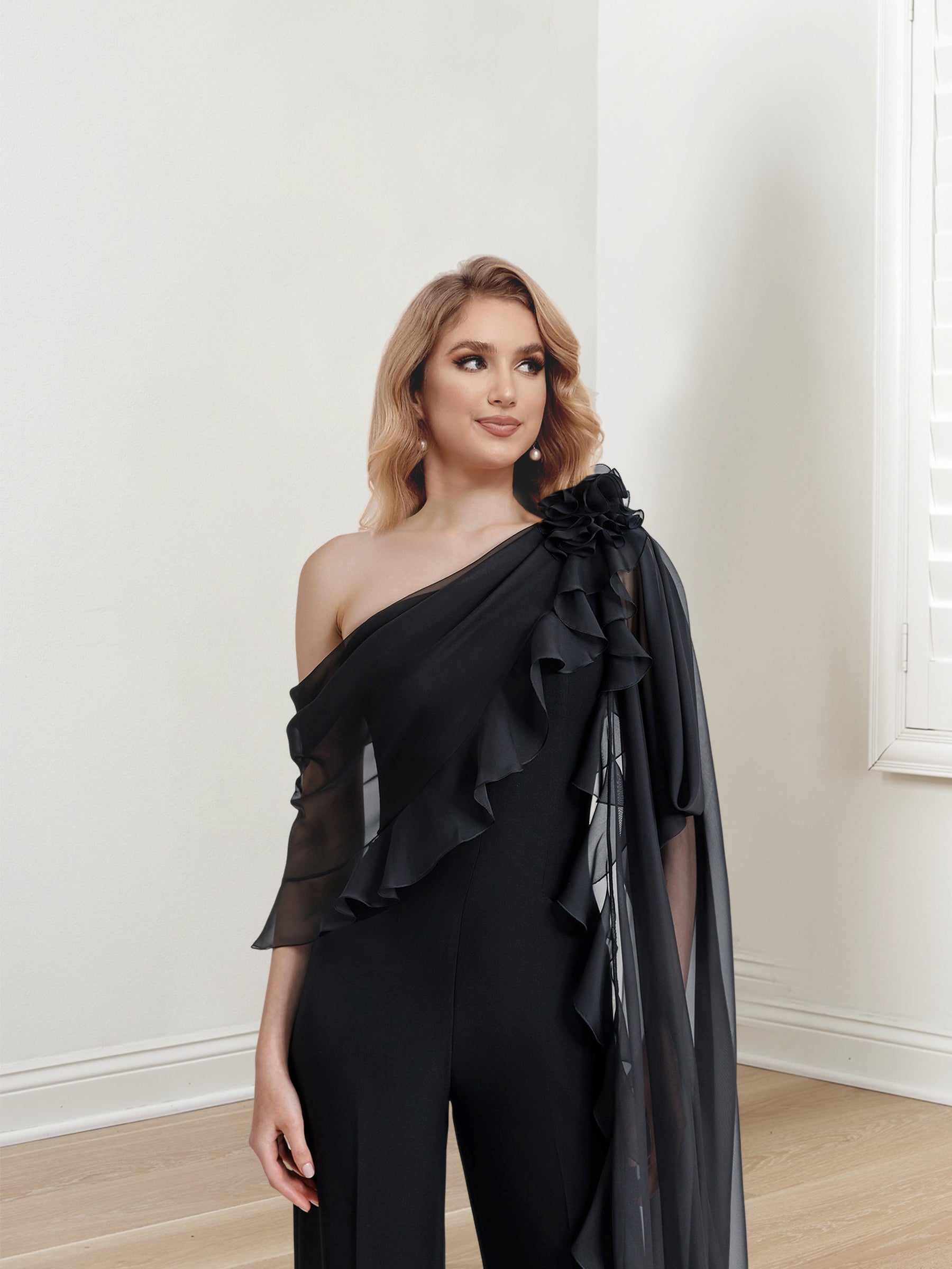 Chiffon One Shoulder Jumpsuits With Half Sleeves For Mother Of The Bride