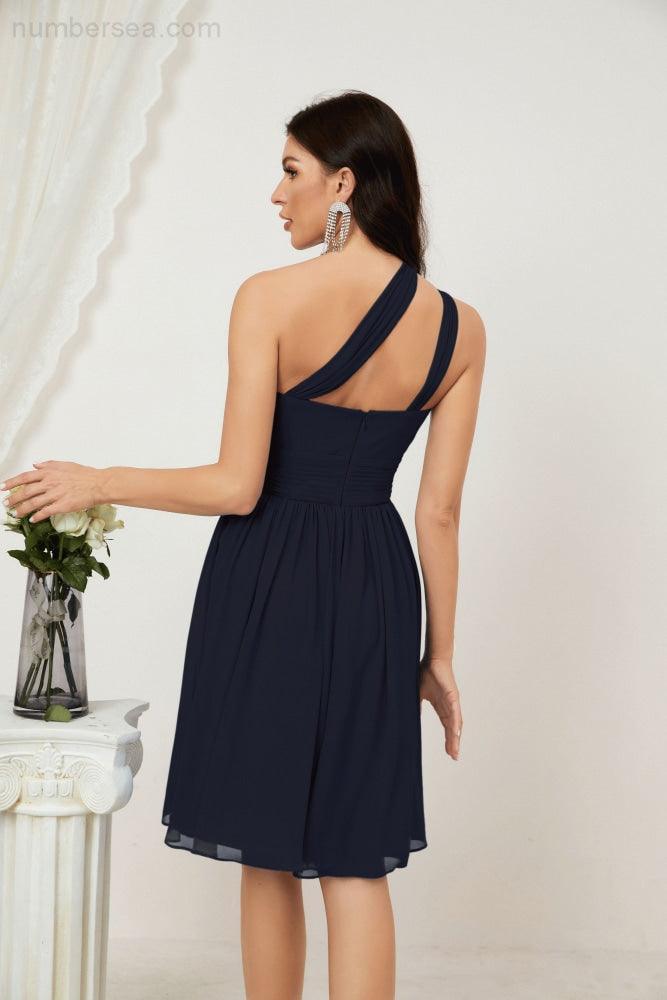 Numbersea Damen Chiffon Kurzes Ein-Schulter Brautjungfernkleid Festliche Kleider für Feier Heimkehr 2804