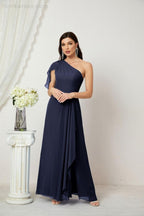 Abito da Sera Formale A-line con Spalla Singola e Balze in Chiffon, Spacco Laterale, per Damigelle, Modello 2809