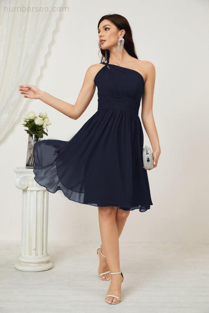 Numbersea Damen Chiffon Kurzes Ein-Schulter Brautjungfernkleid Festliche Kleider für Feier Heimkehr 2804