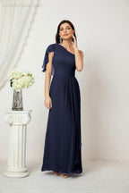 Abito da Sera Formale A-line con Spalla Singola e Balze in Chiffon, Spacco Laterale, per Damigelle, Modello 2809