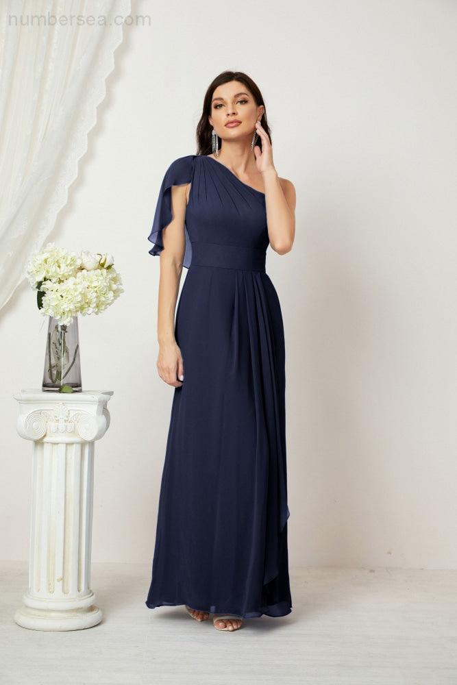 Abito da Sera Formale A-line con Spalla Singola e Balze in Chiffon, Spacco Laterale, per Damigelle, Modello 2809
