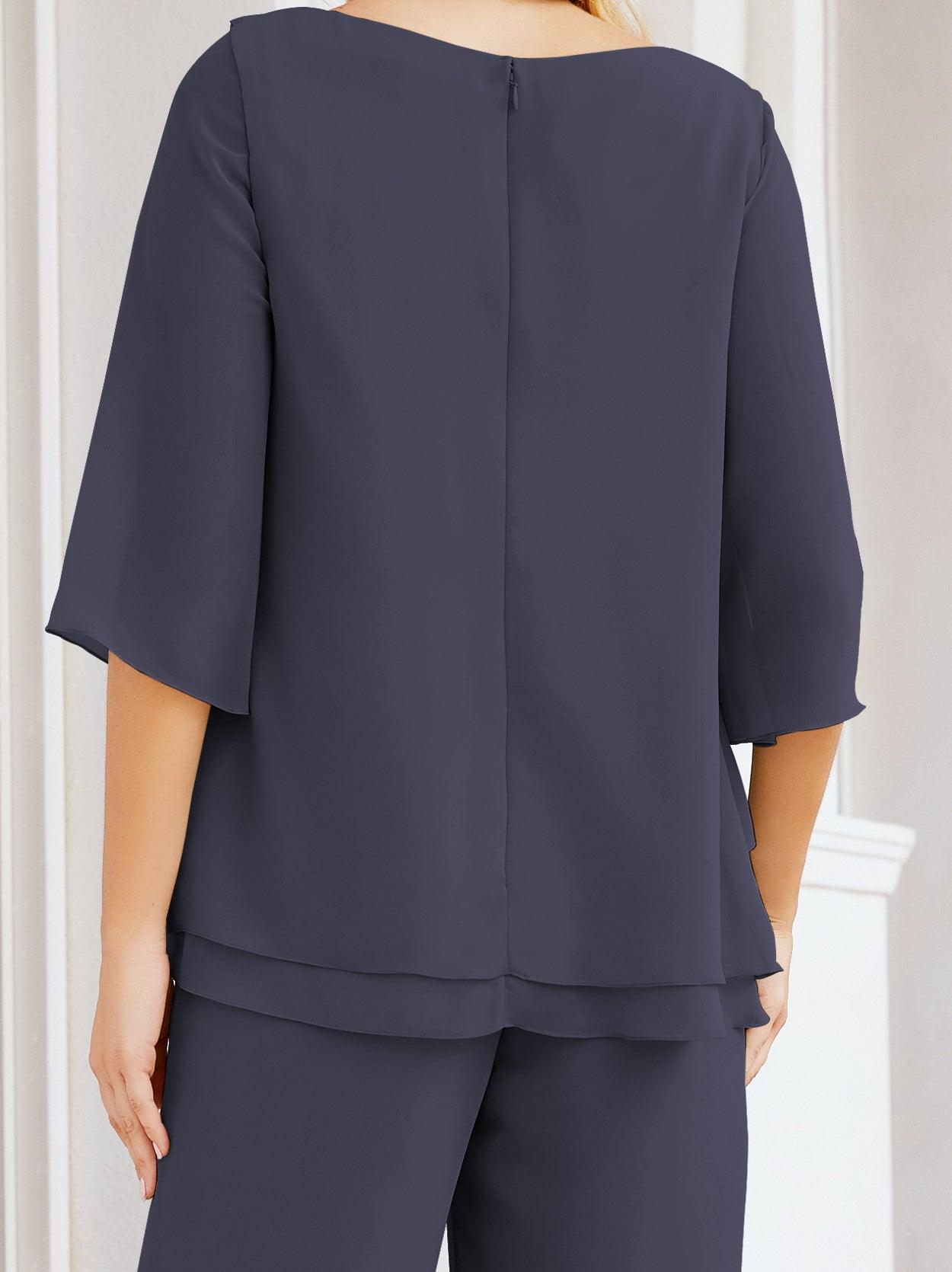Robe de mariée élégante pour la mère de la mariée en deux pièces, tailleur pantalon grande taille à volants superposés, peignoir argenté 28064