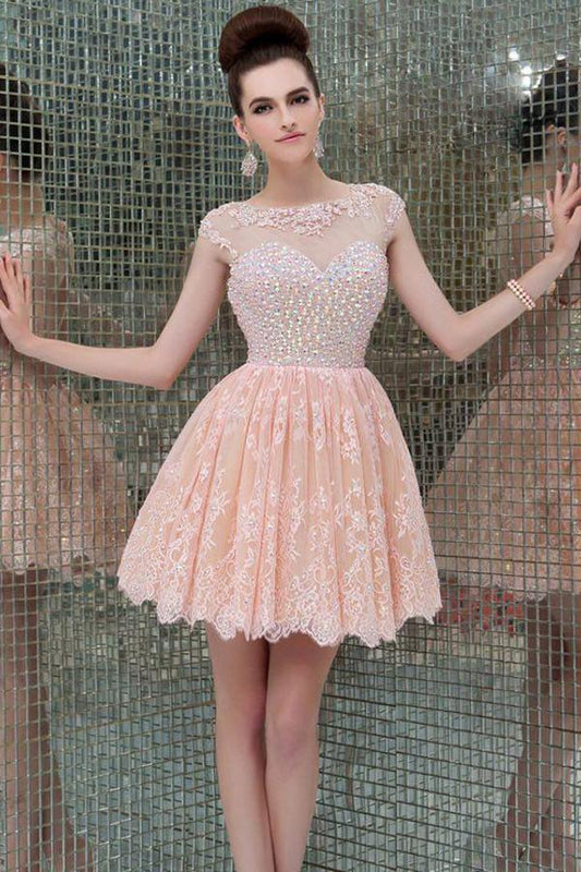 Pink High Neck Beaded Homecoming Dresses, Short Prom Dress, Graduation Dress