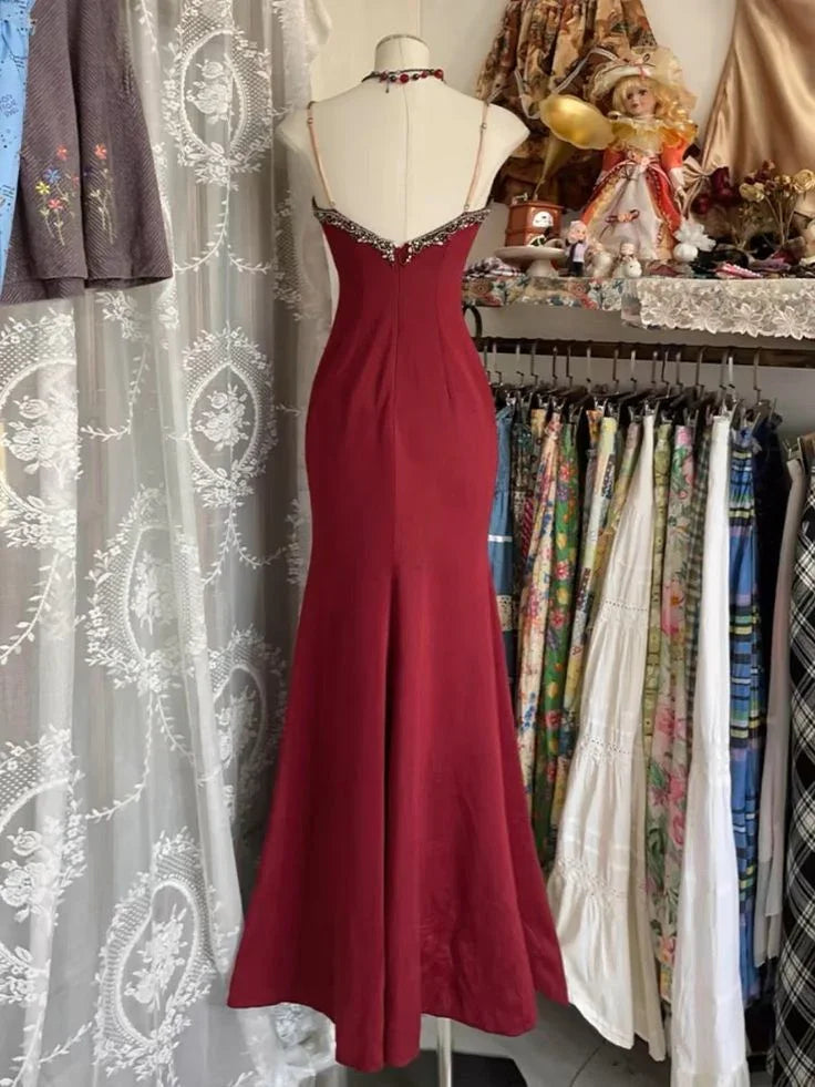 Vestido de Noite Sereia em Renda Borgonha Encantadora com Alças Vestido de Baile Y7685