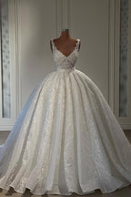 Bmbridal V Neck Sleeveless Lace Appliques Ball Gown Wedding Dress