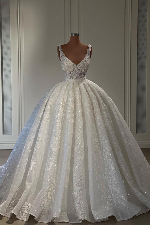 Bmbridal V Neck Sleeveless Lace Appliques Ball Gown Wedding Dress