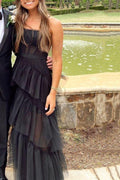 Elegante abito da sera nero a strati in tulle a linea ad A, corpetto trasparente lungo, abito da diploma Y458
