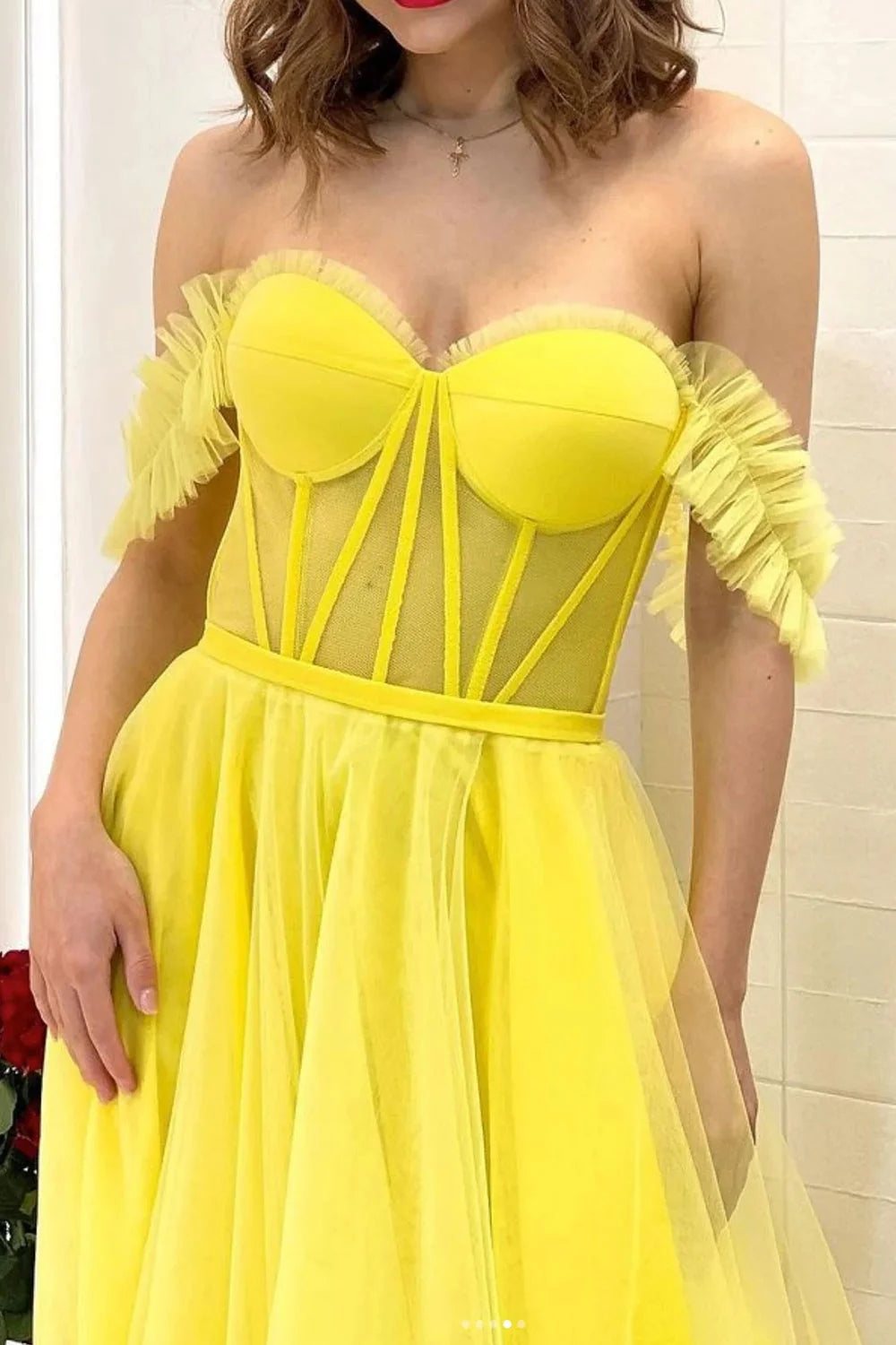 A Line Off the Shoulder Yellow Corset Prom Dress
