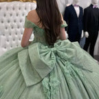Robe de Quinceañera vert sauge scintillant, tulle, appliques, paillettes, cristaux, robe de bal pour fête d'anniversaire avec nœud Y8116